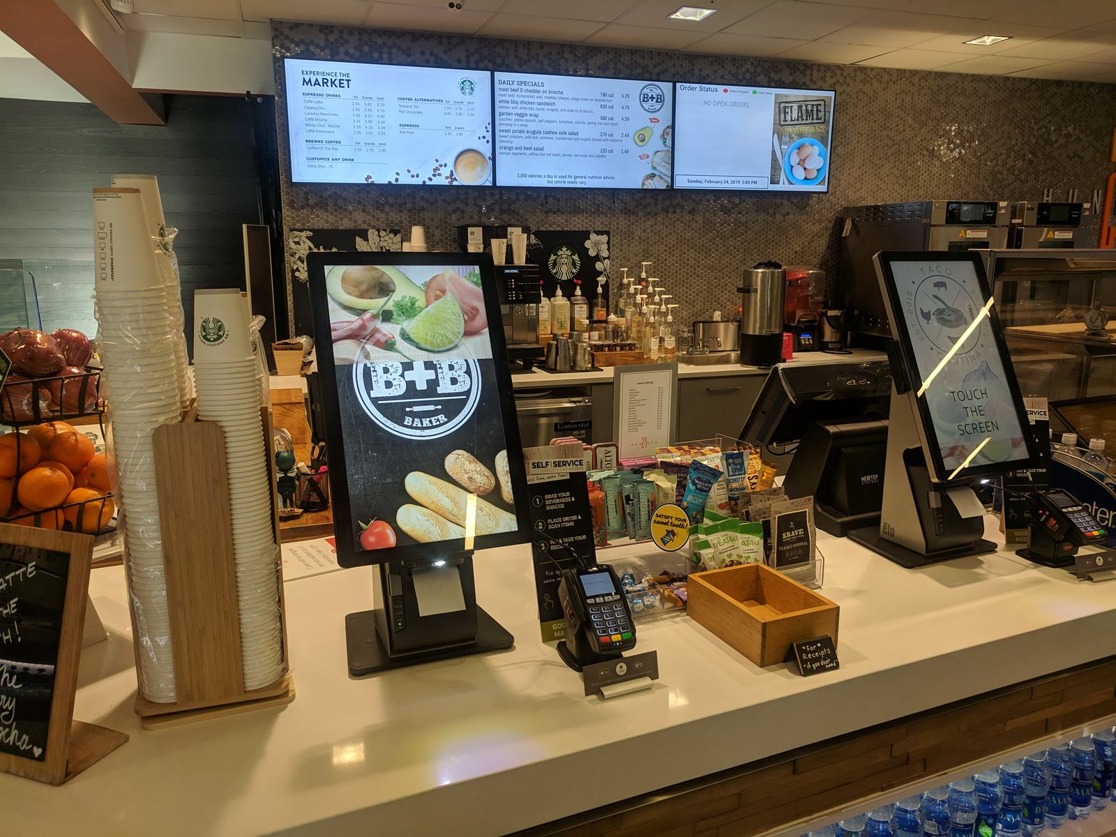 B+B Bakes counter with WAND digital menus, kiosks, and POS